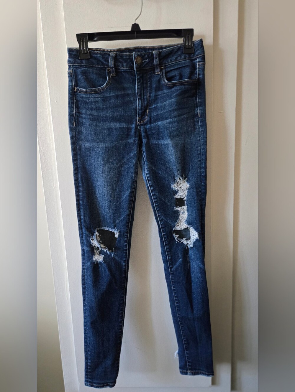 American Eagle Outfitters Dark Blue Ripped Skinny Jeans Jegging High Rise